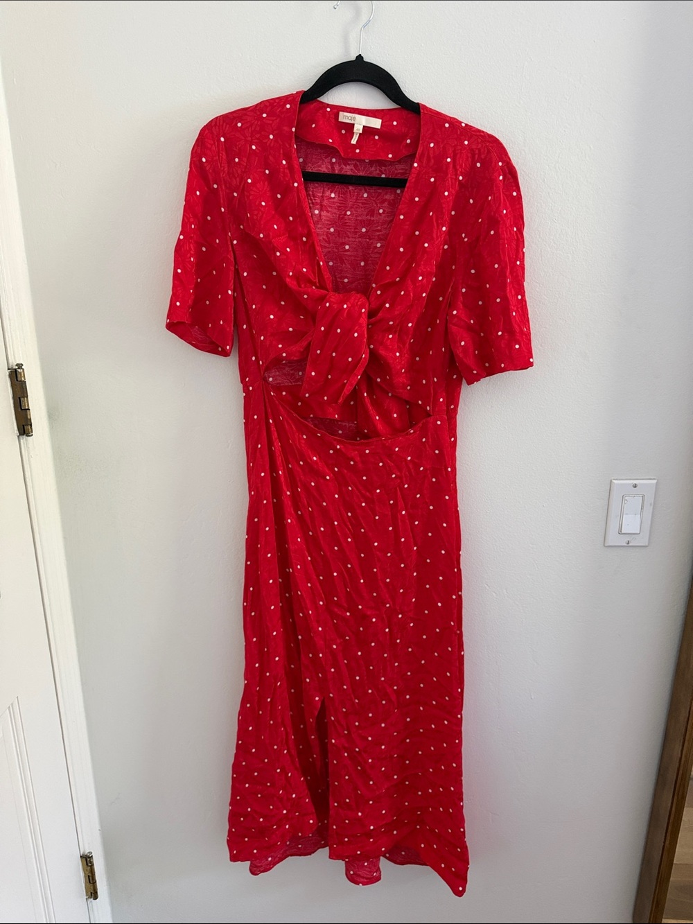 Maje Red Polka Dot Midi Dress with Front Knot